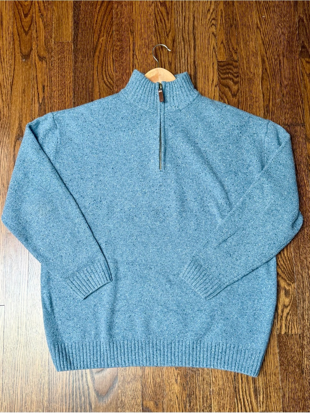 Men's Heather Light Blue 100% Wool Half-Zip Knit Sweater